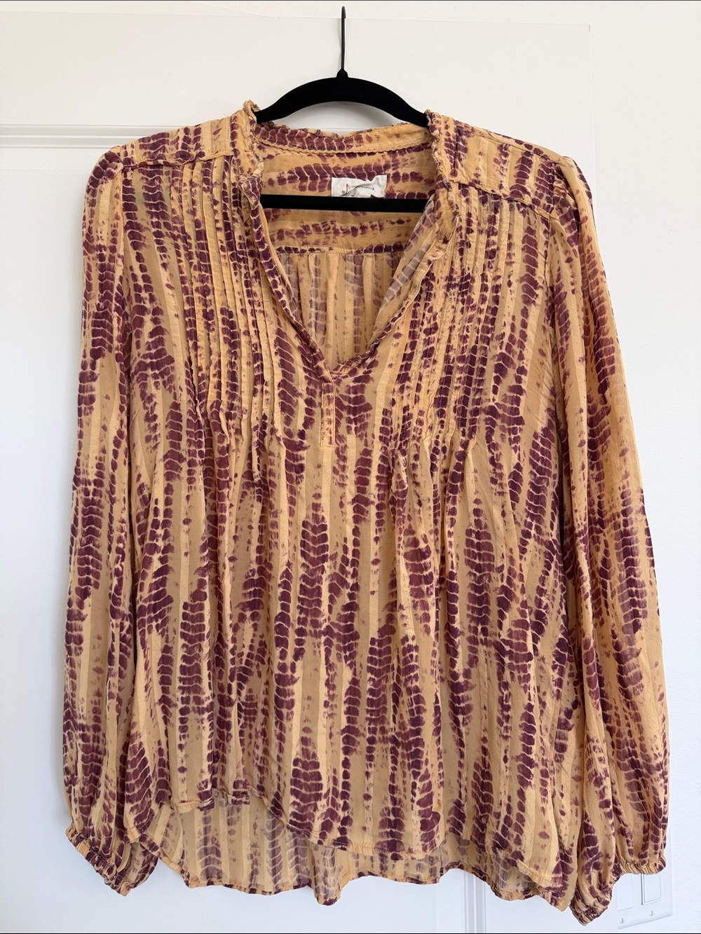 Anthropologie Mustard and Burgundy Tie-Dye Long Sleeve V-Neck Top